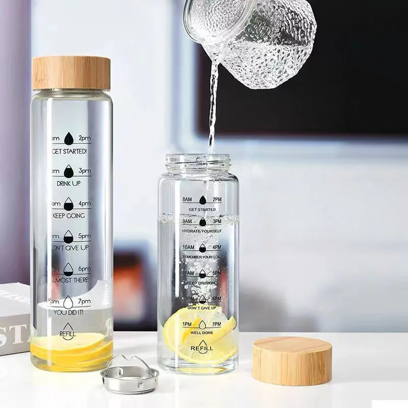 Glass Water Bottle Time Markings Borosilicate Leakproof Bamboo Lid