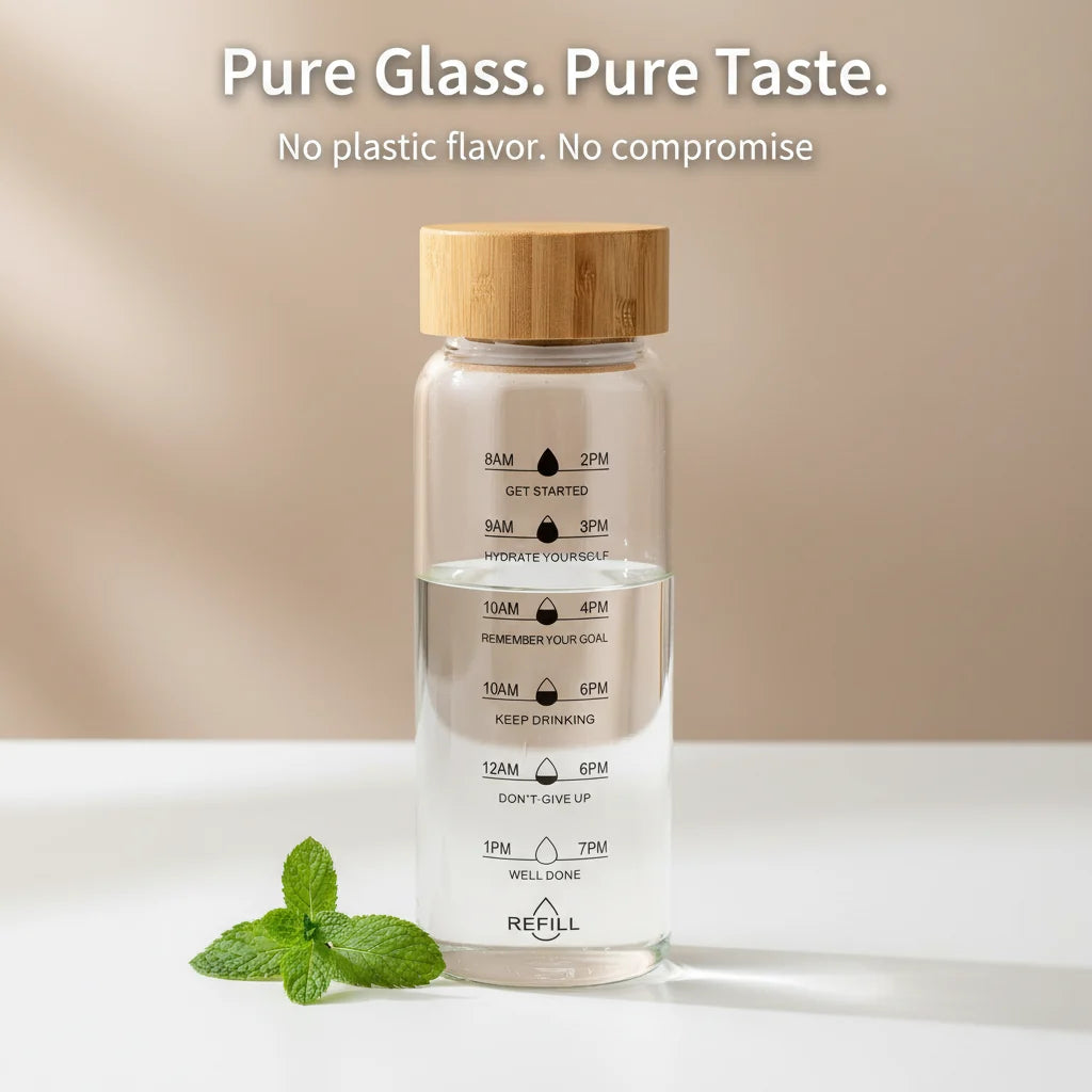 Glass Water Bottle Time Markings Borosilicate Leakproof Bamboo Lid