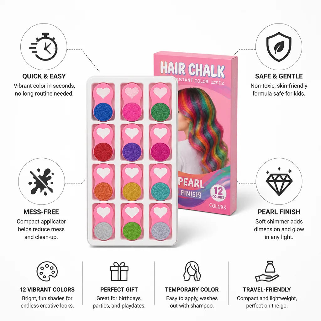 Hair Chalk Set Pearl Finish Mess-Free 12 Colors