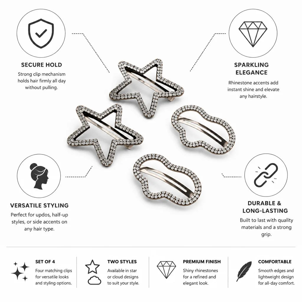 Hair Clips Rhinestone Strong Hold Set of 4
