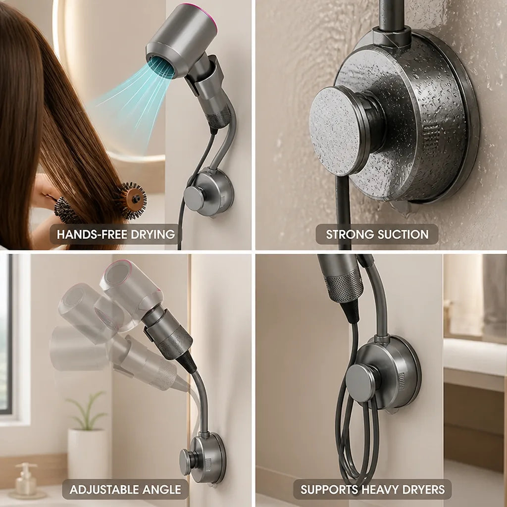 Hair Dryer Holder Hands-Free Adjustable Angle Strong Suction Cup