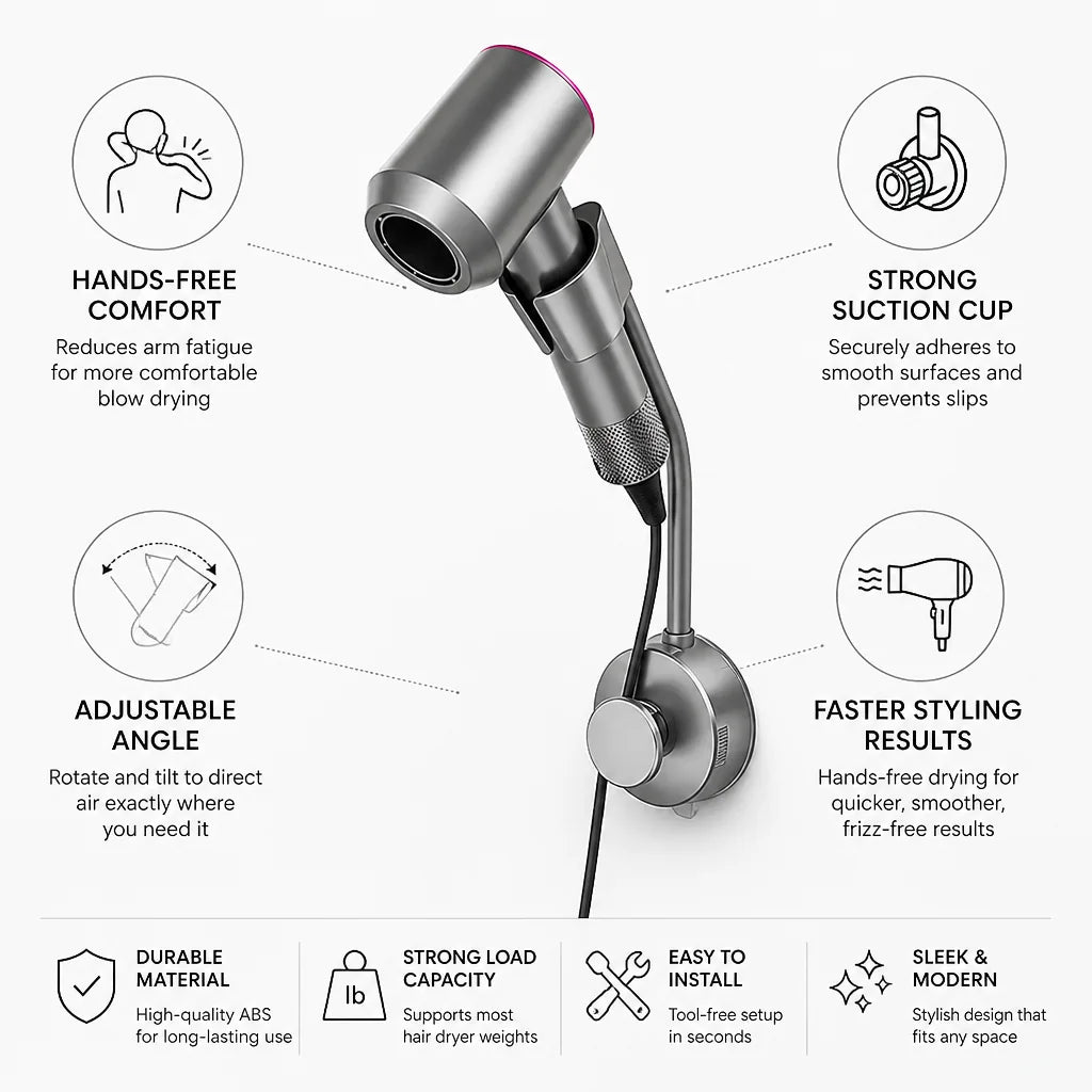 Hair Dryer Holder Hands-Free Adjustable Angle Strong Suction Cup