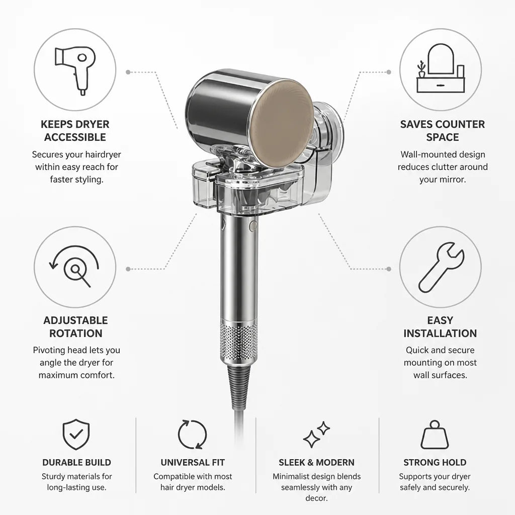 Hair Dryer Holder Wall-Mounted Adjustable Rotating Head