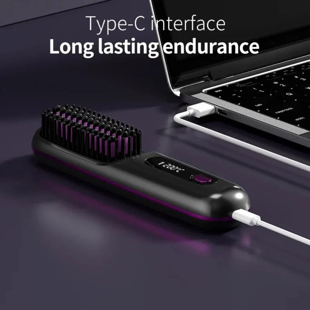 Hair Straightener Brush Cordless USB-C Rechargeable Ionic Digital Display