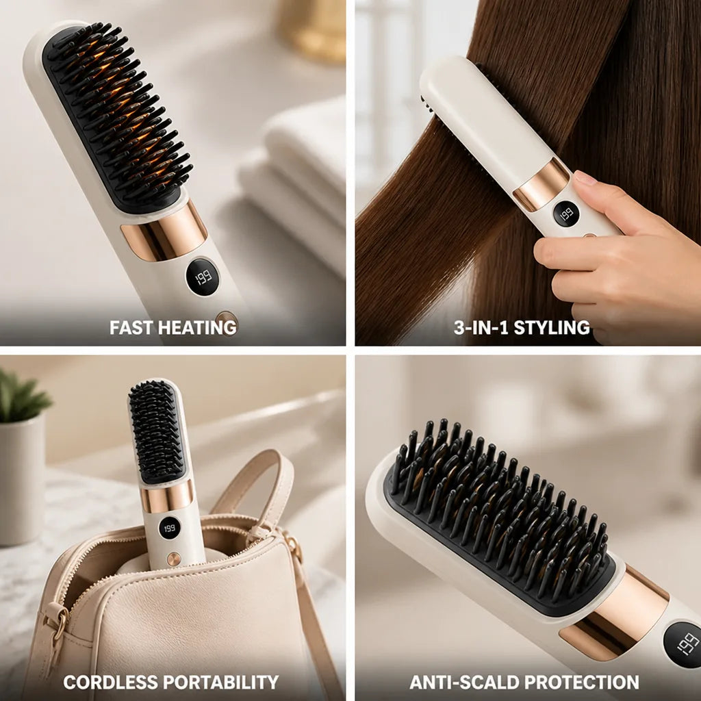 Hair Straightener Comb Cordless 3-In-1 Ceramic USB-C Rechargeable