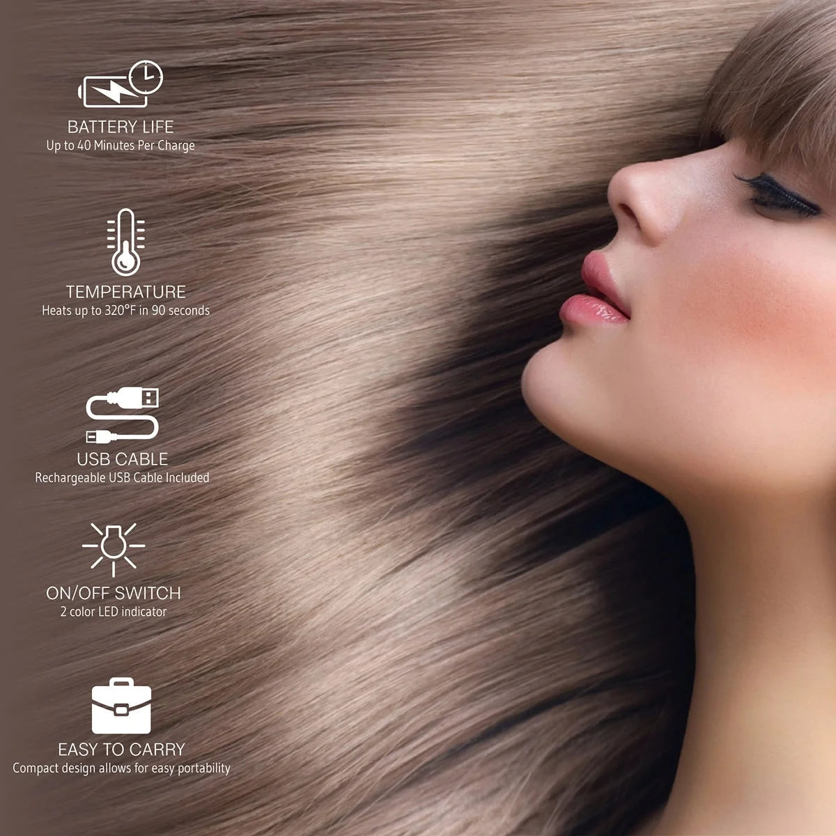 Hair Straightener Cordless USB Rechargeable Ceramic Plates