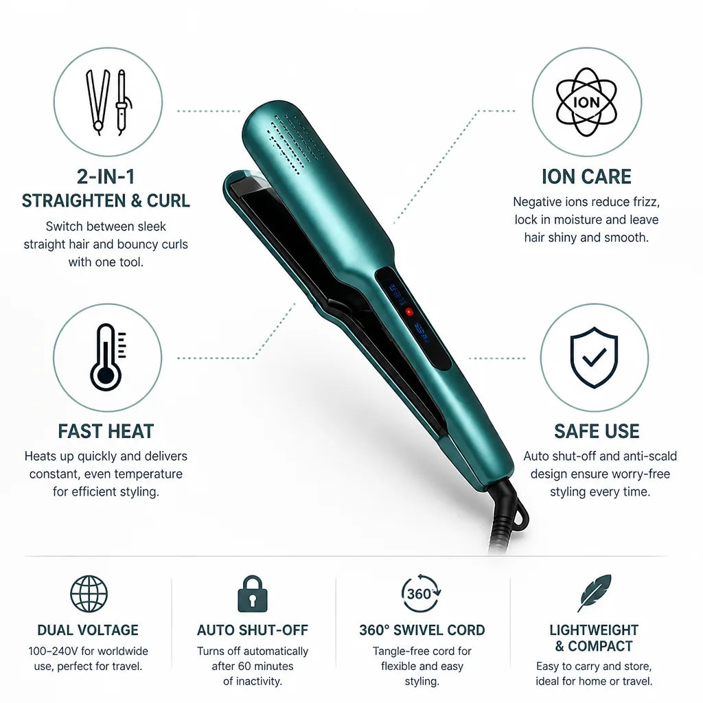 Hair Straightener & Curler Tourmaline Ceramic & Negative Ion