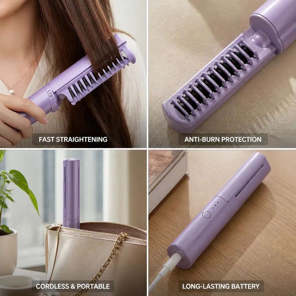 Hair Straightening Brush Cordless Quick-Heat Anti-Burn Protection