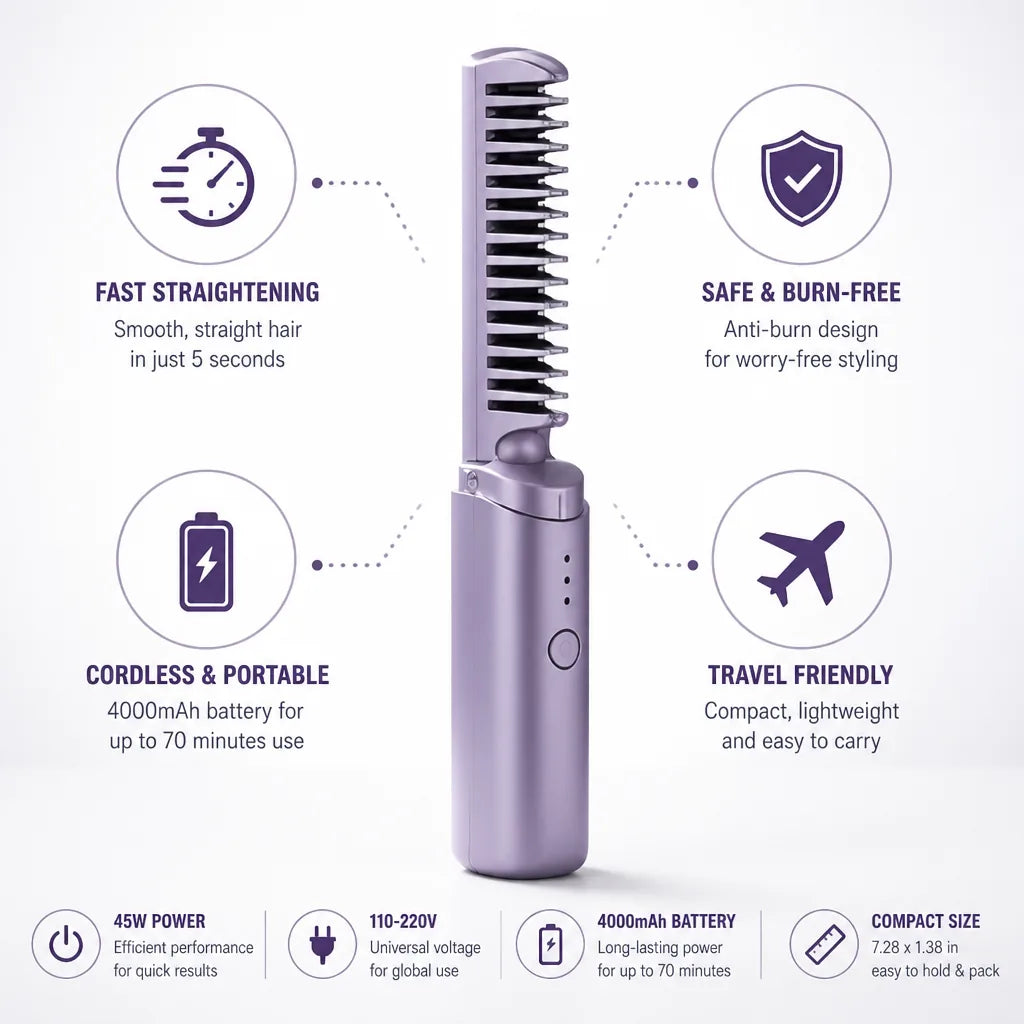 Hair Straightening Brush Cordless Quick-Heat Anti-Burn Protection