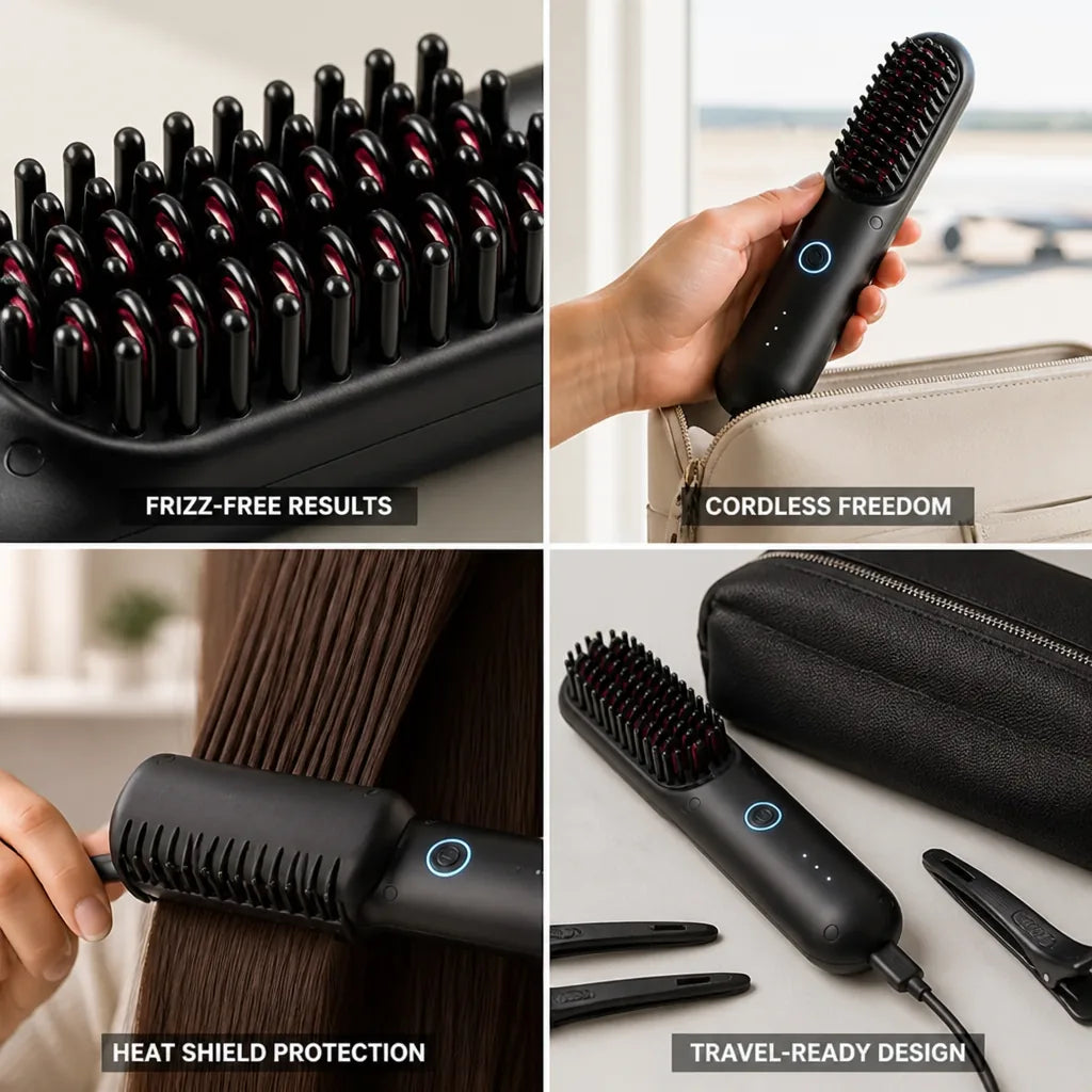 Hair Straightening Brush Cordless USB-C Ceramic Ion Technology