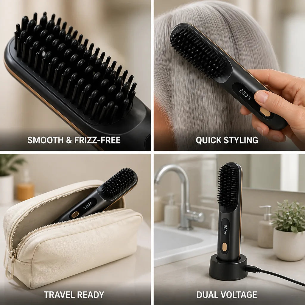 Hair Straightening Brush Heated Volumizing Compact Travel