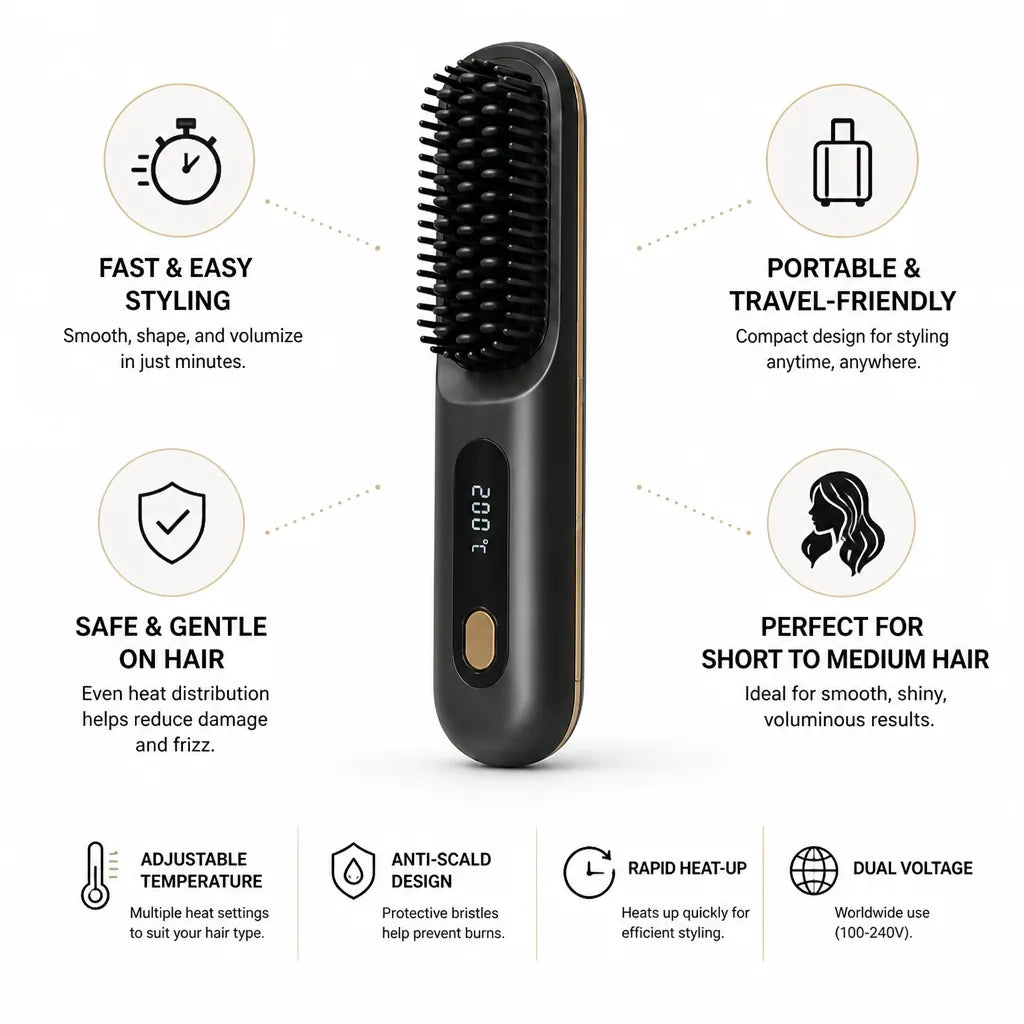Hair Straightening Brush Heated Volumizing Compact Travel