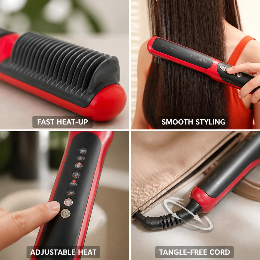 Hair Straightening Brush Ionic PTC Heating 6 Heat Settings