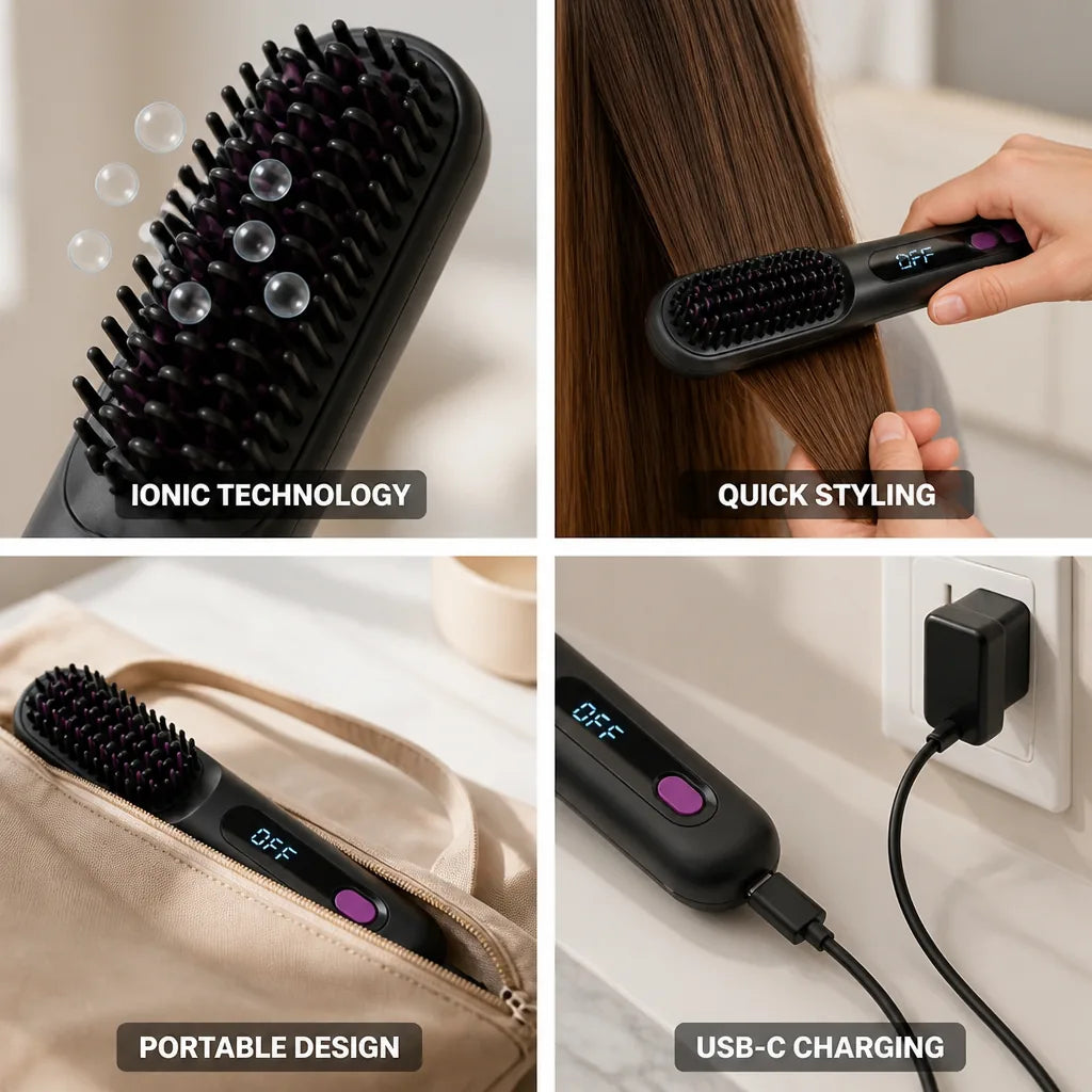 Hair Straightening Brush Ionic Quick Heat Lint Free