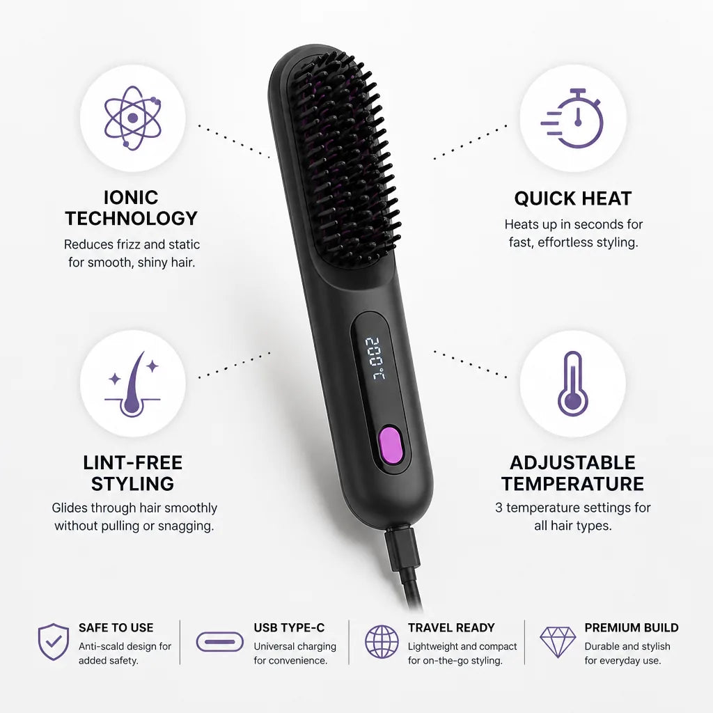 Hair Straightening Brush Ionic Quick Heat Lint Free