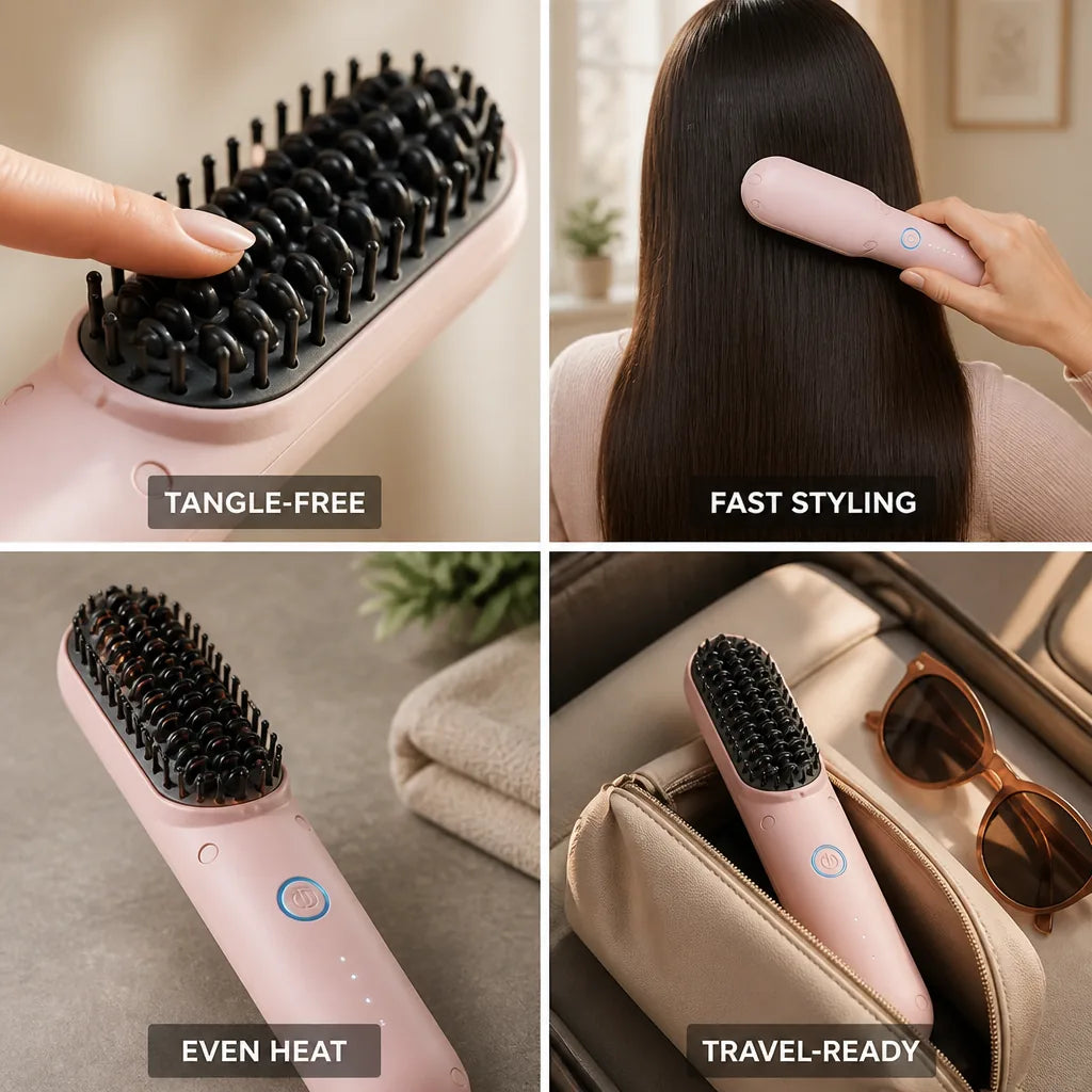 Hair Straightening Brush Patented Sandwich Bristles Ceramic Coating