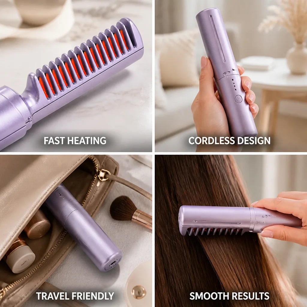 Hair Straightening Comb Cordless Rechargeable Fast-Heating