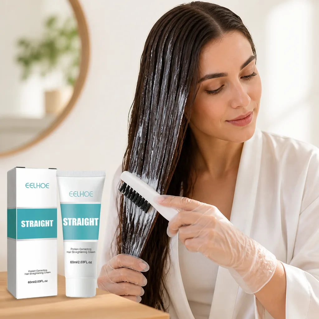 Hair Straightening Cream Keratin & Frizz Control Built-In Brush