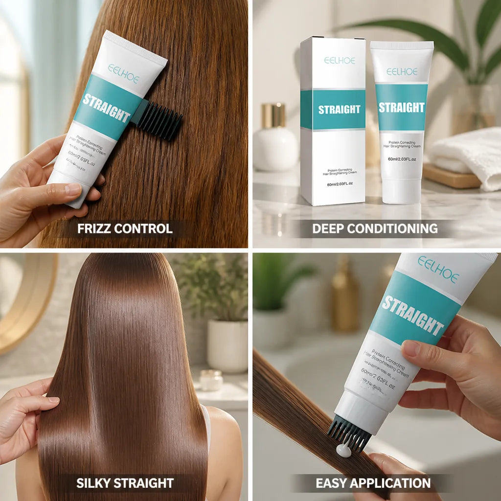 Hair Straightening Cream Keratin & Frizz Control Built-In Brush