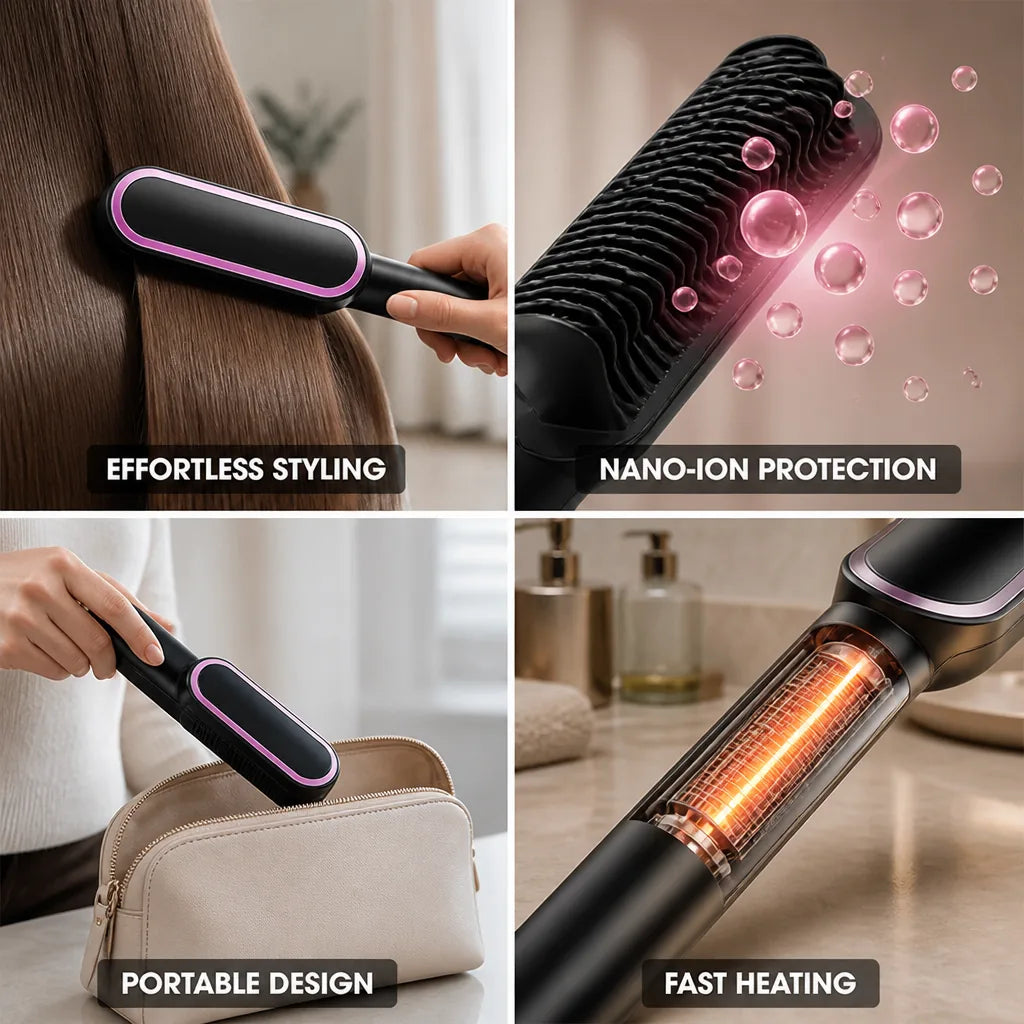 Hair Styler 3-in-1 Straightener & Curler Brush Nano-Ion