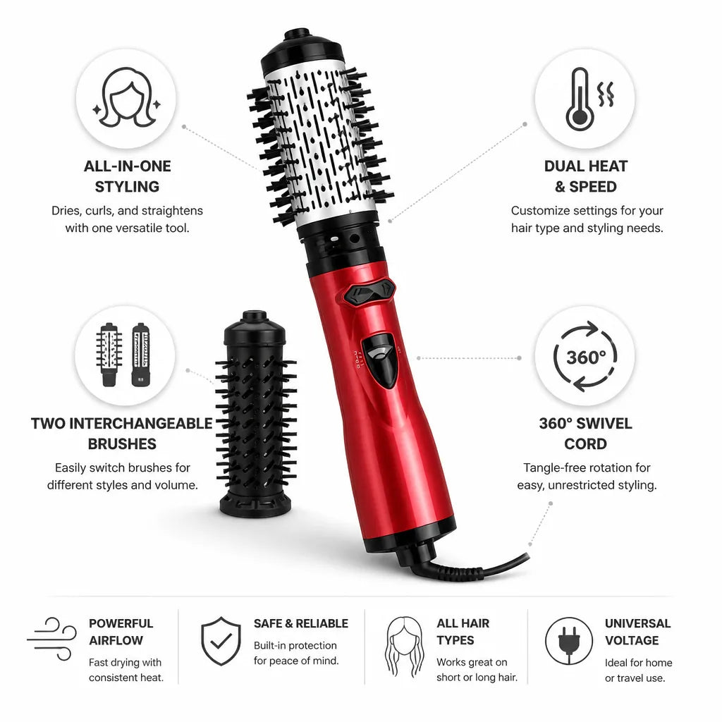 Hair Styler Brush Interchangeable Brushes & Swivel Cord