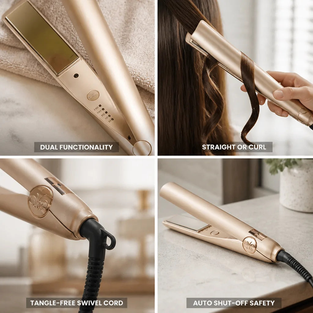 Hair Styler Straightener & Curler Titanium Plates Auto Shut-Off