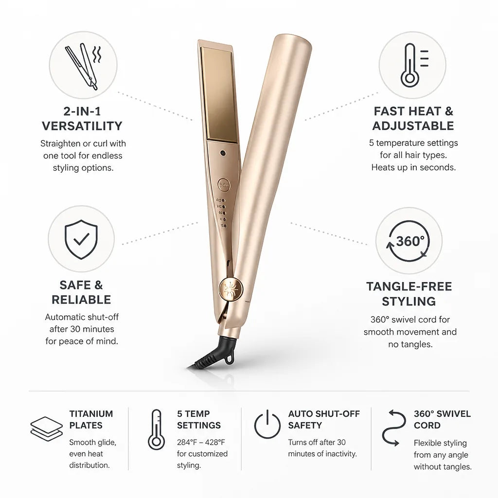 Hair Styler Straightener & Curler Titanium Plates Auto Shut-Off