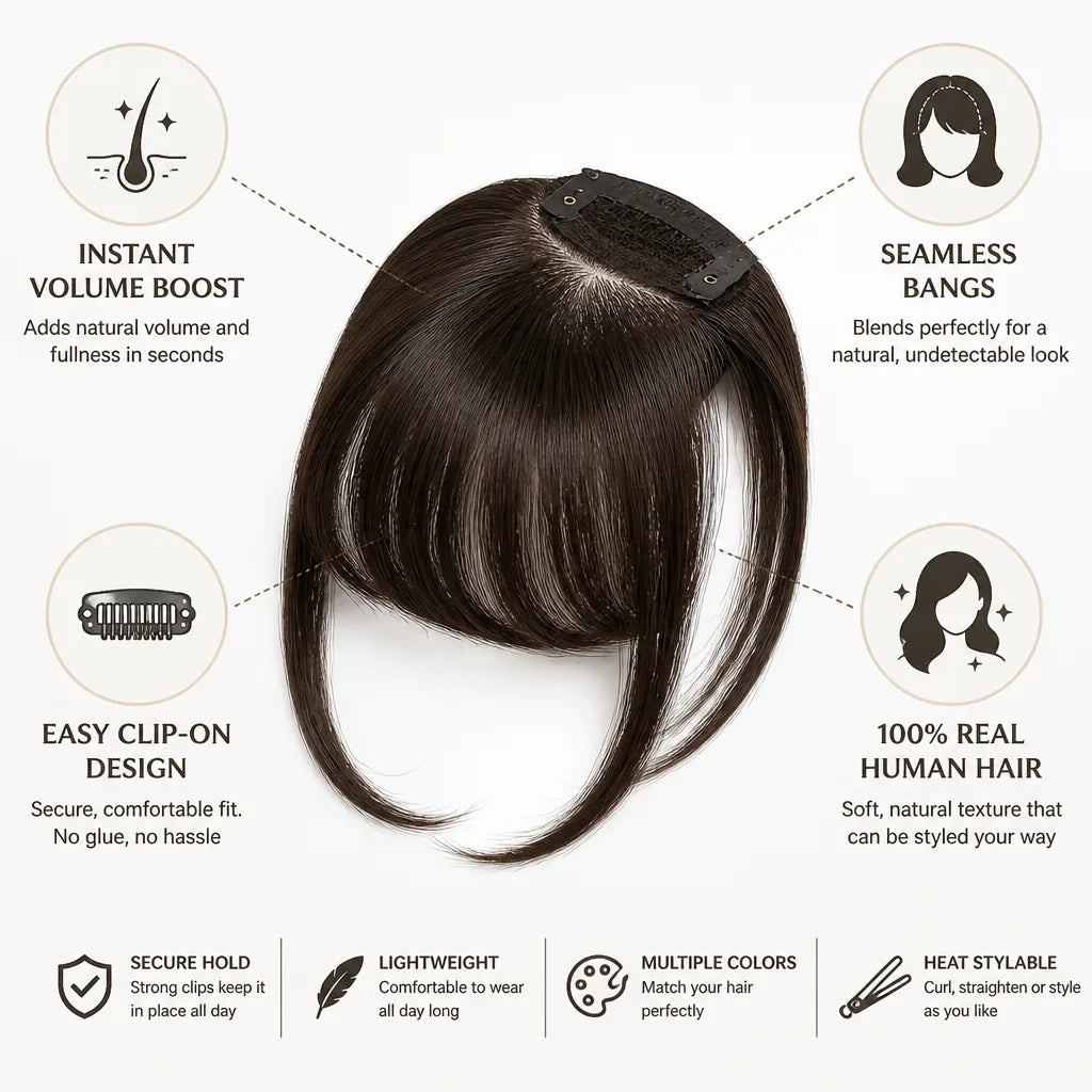 Hair Topper 100% Human Hair Clip-On Seamless Bangs