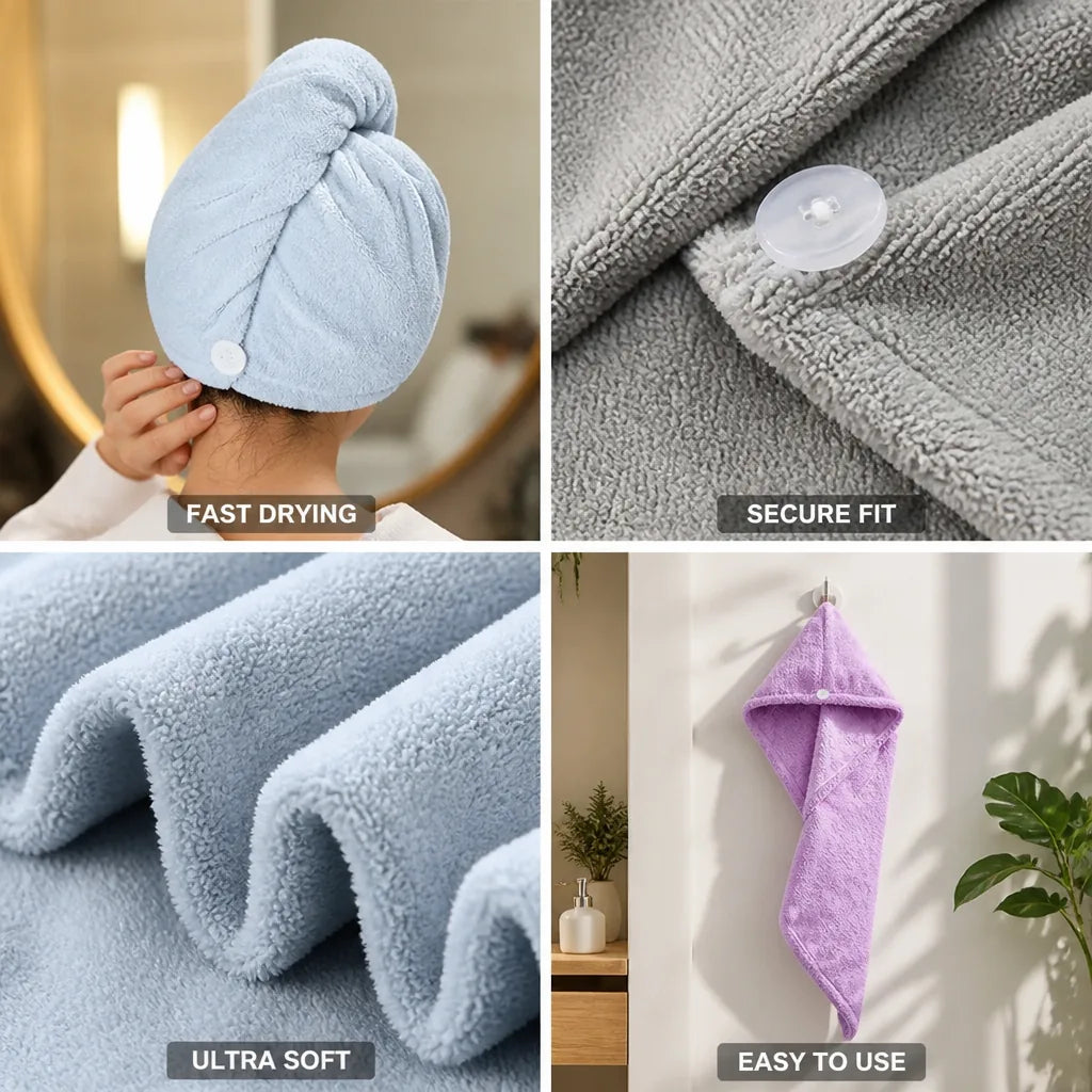 Hair Towel Quick-Dry Coral Velvet Button Lock Wrap