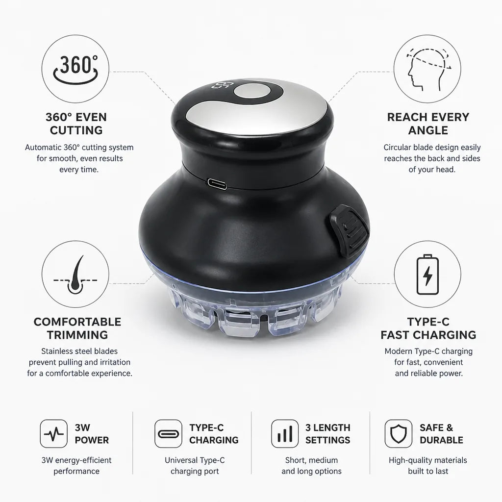 Hair Trimmer 360° Cutting Stainless Blades Type-C Charging