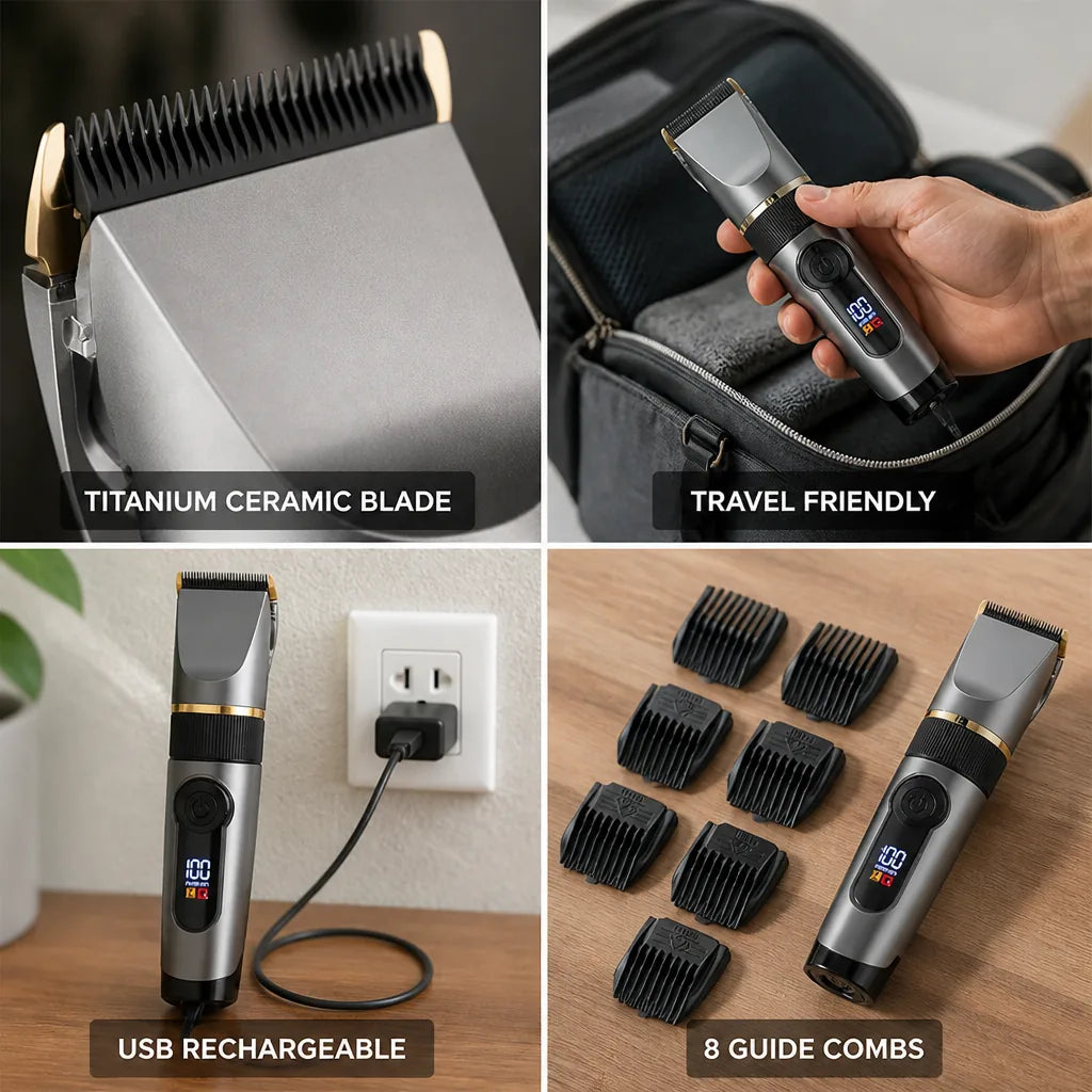 Hair Trimmer Titanium Ceramic Blade USB Rechargeable 8 Guide Combs