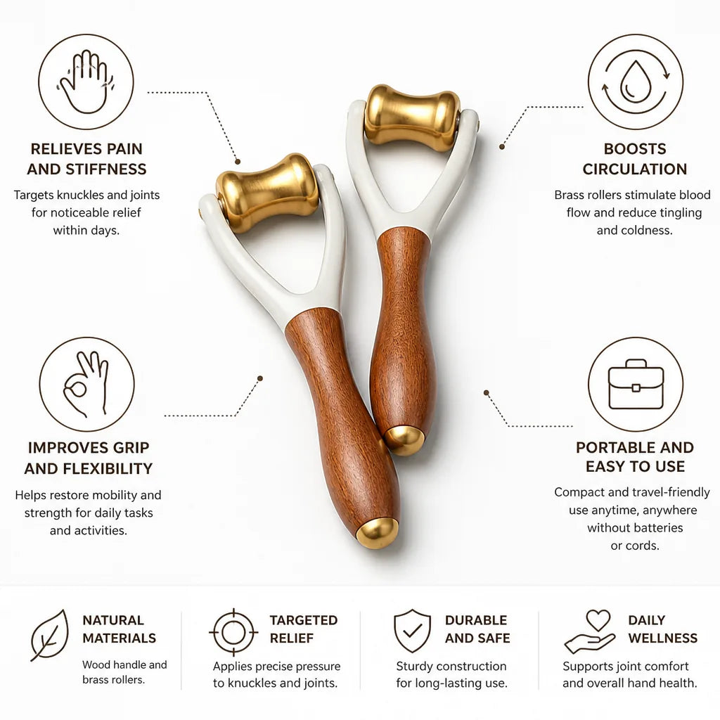 Hand & Finger Massager Wood Handle Brass Rollers 2-Pack