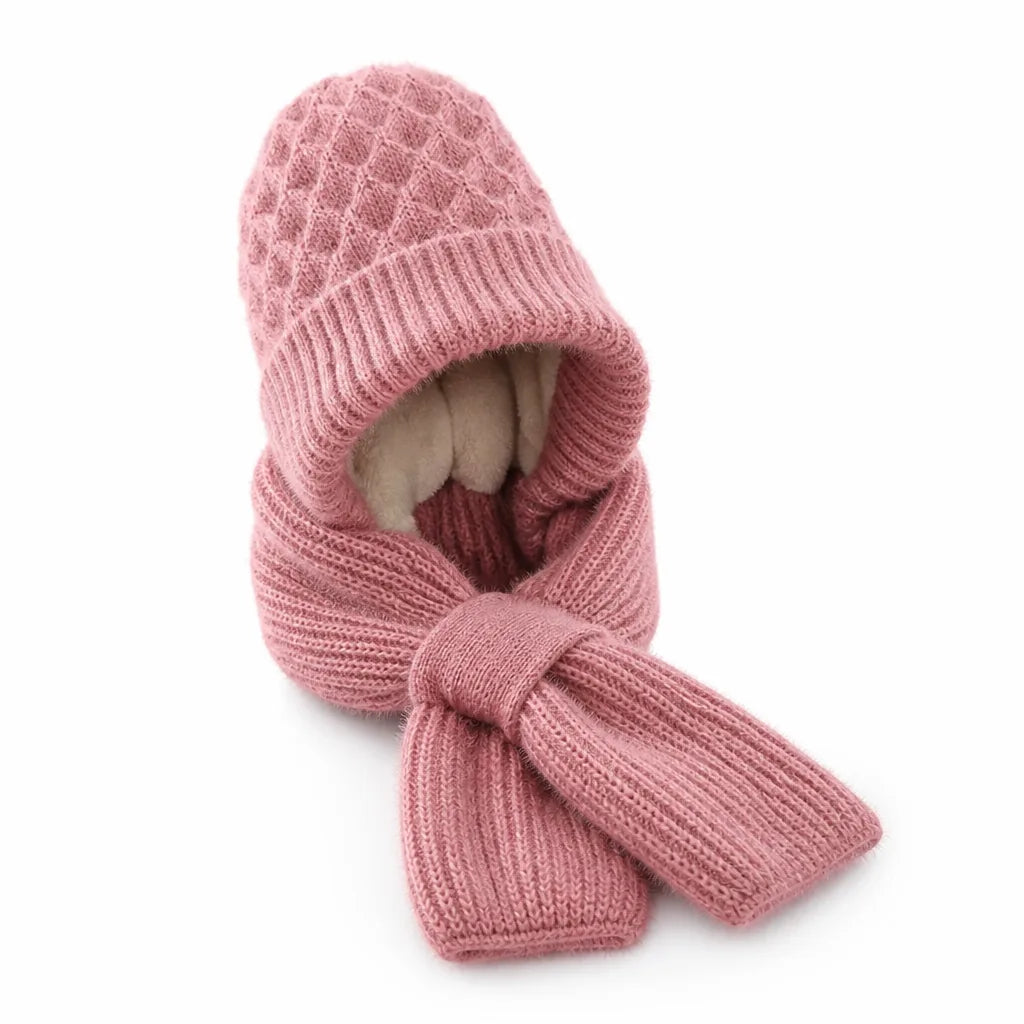 Hat & Hooded Scarf Set Plush Thermal Knit Ear-Covering