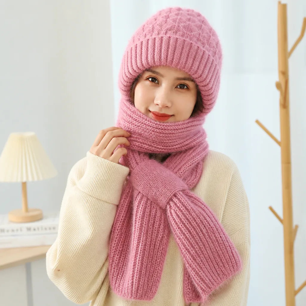 Hat & Hooded Scarf Set Plush Thermal Knit Ear-Covering
