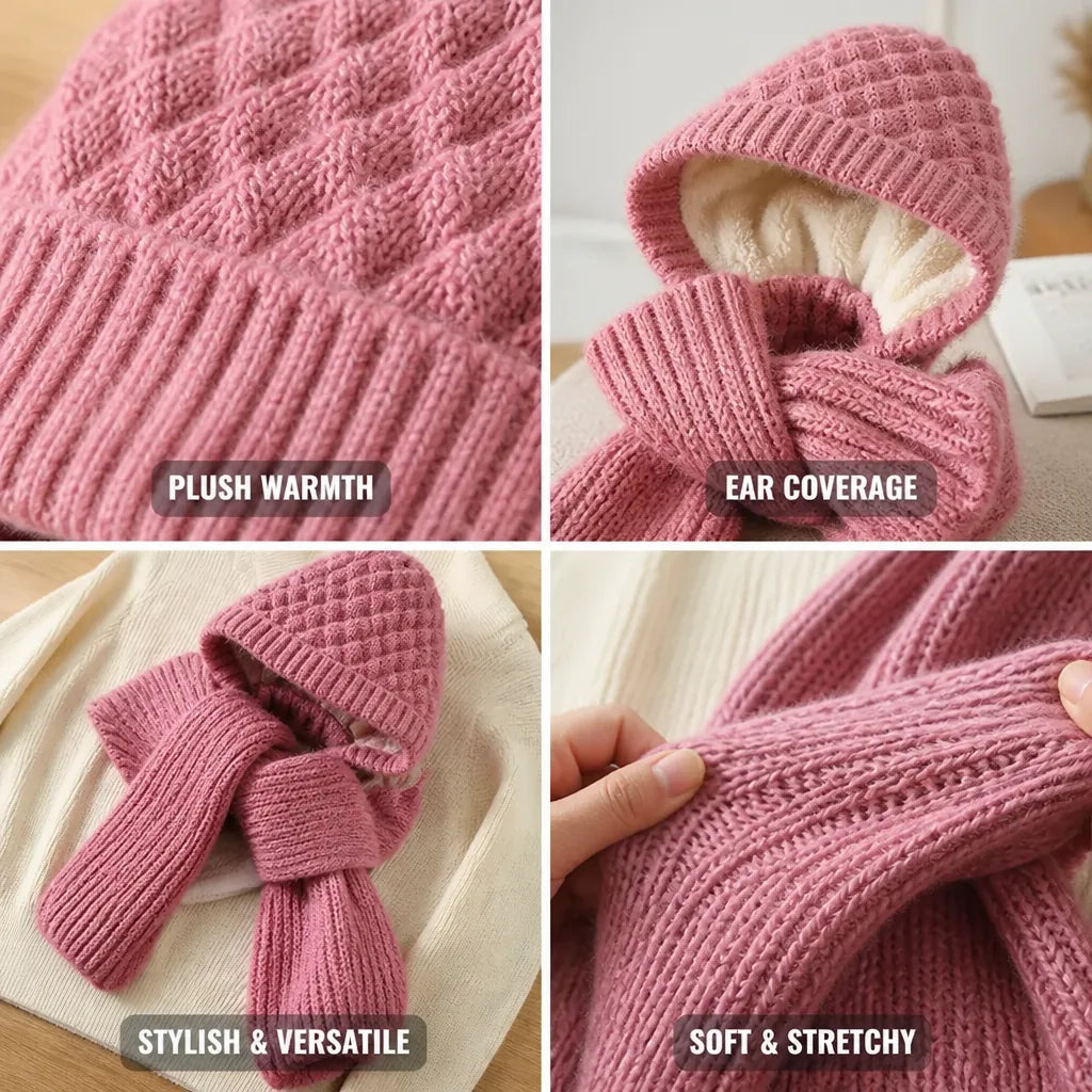 Hat & Hooded Scarf Set Plush Thermal Knit Ear-Covering