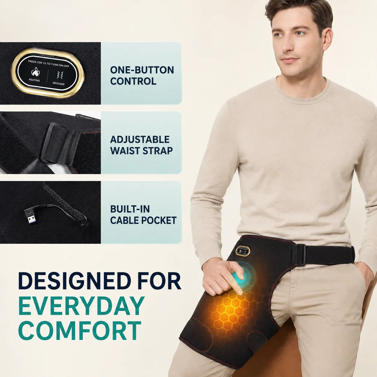 Hip Massager Cordless Heat & Vibration Adjustable Strap