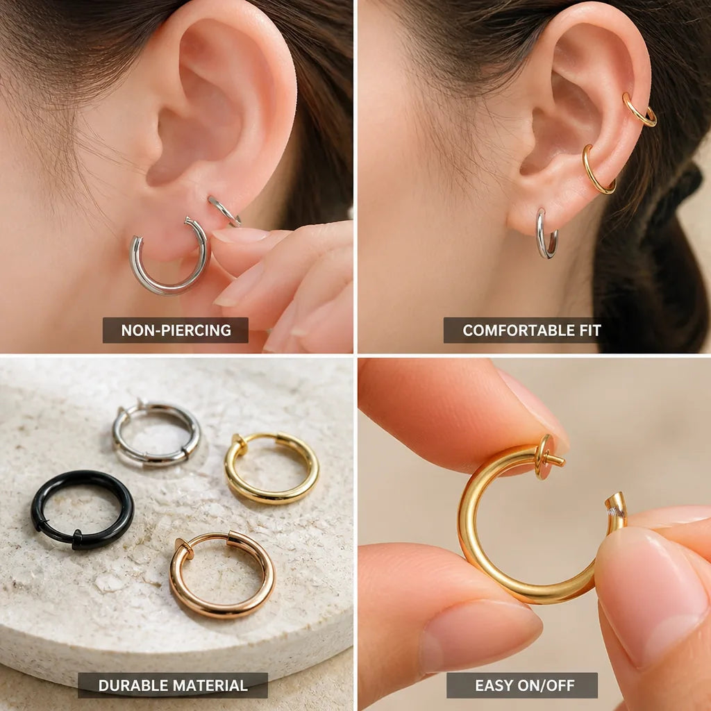 Hoop Earrings Non-Piercing Retractable Clasp Stainless Steel