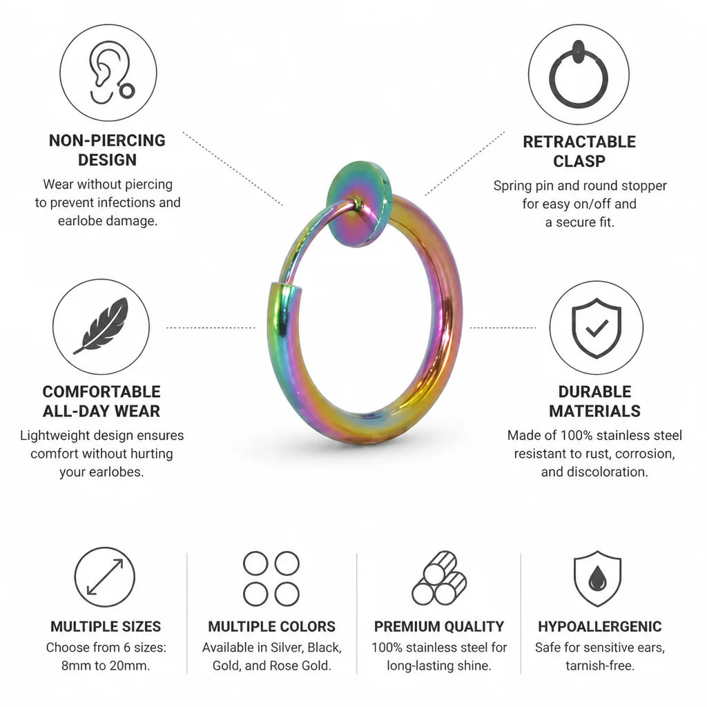 Hoop Earrings Non-Piercing Retractable Clasp Stainless Steel
