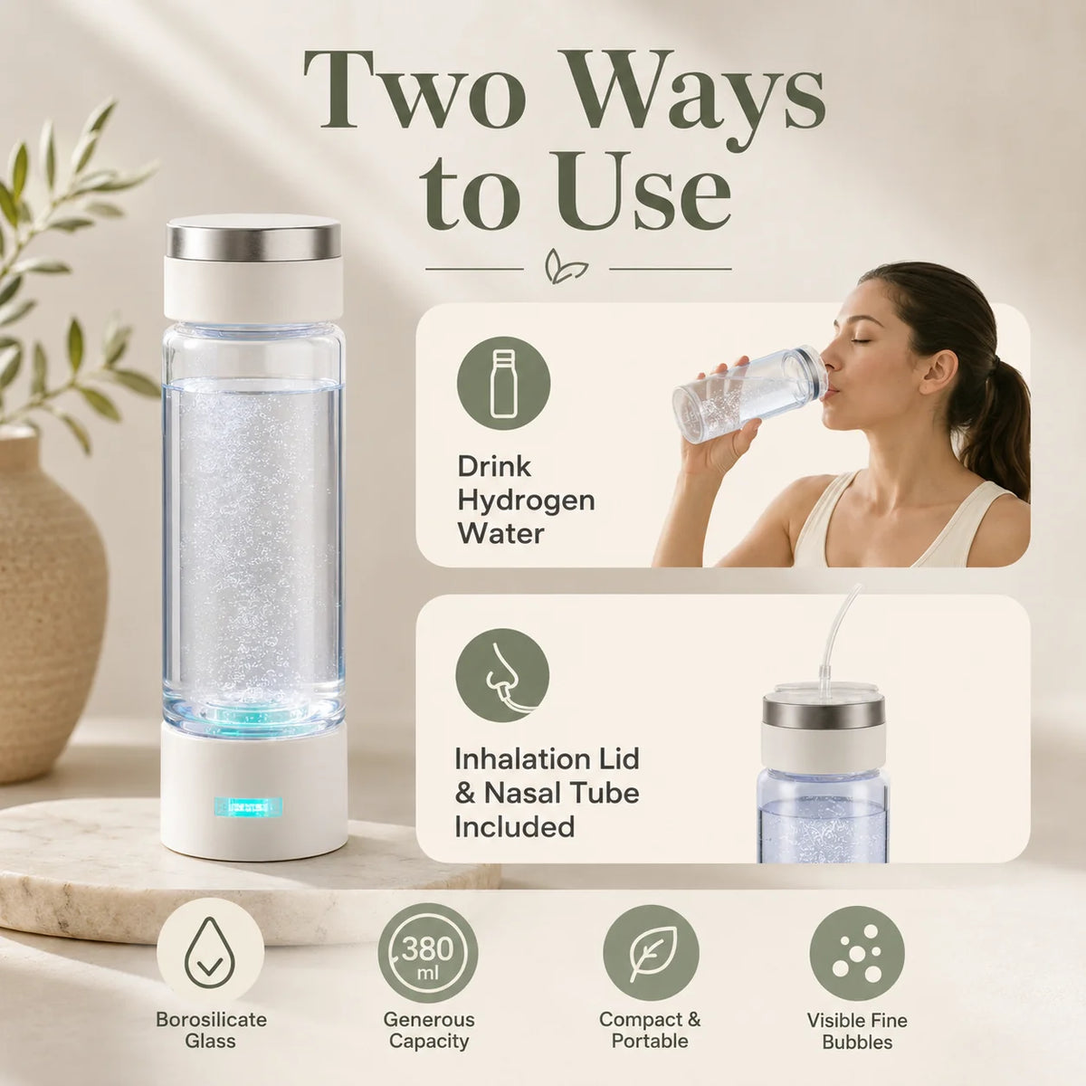 Hydrogen Water Bottle Dual-Mode Drink & Inhale Self-Cleaning