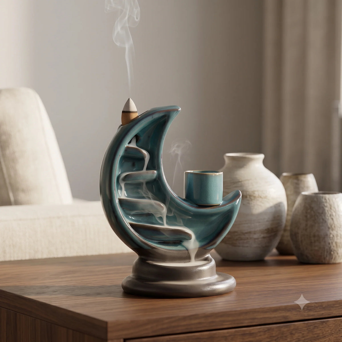 Incense Burner Backflow & Candle Holder Ceramic Crescent Moon