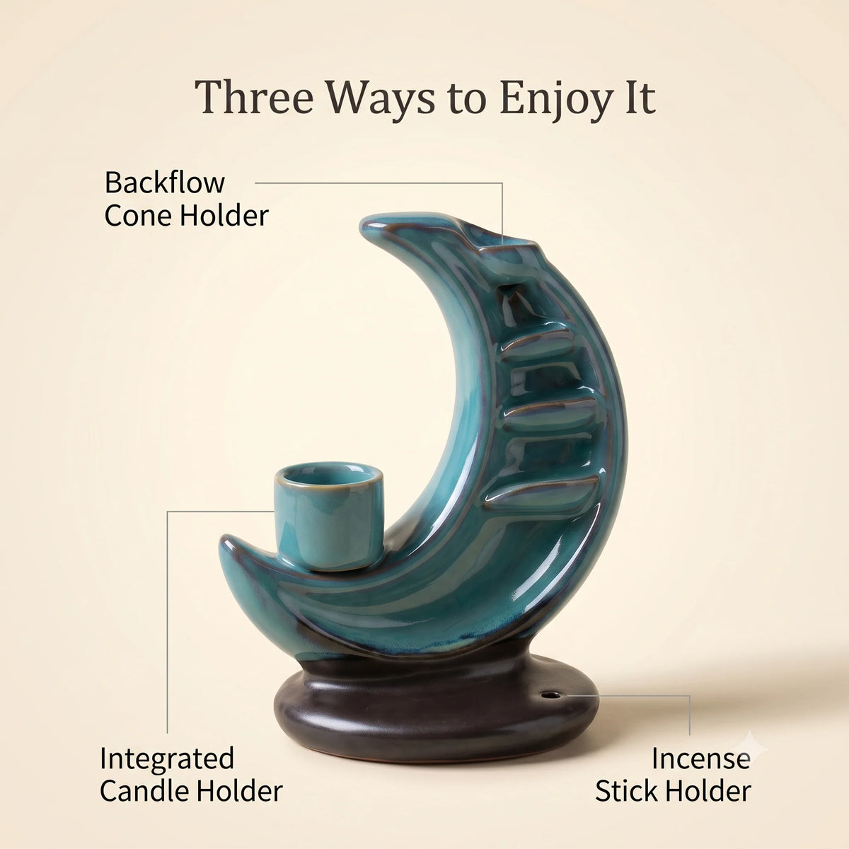 Incense Burner Backflow & Candle Holder Ceramic Crescent Moon