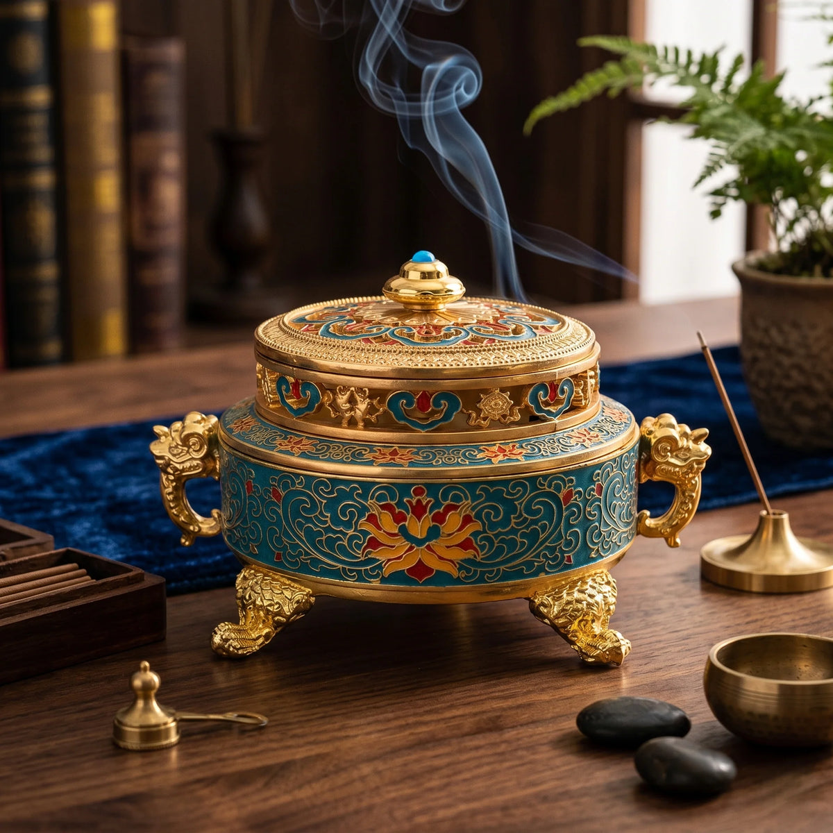 Incense Vessel Minimalist Lotus Design Blue & Red
