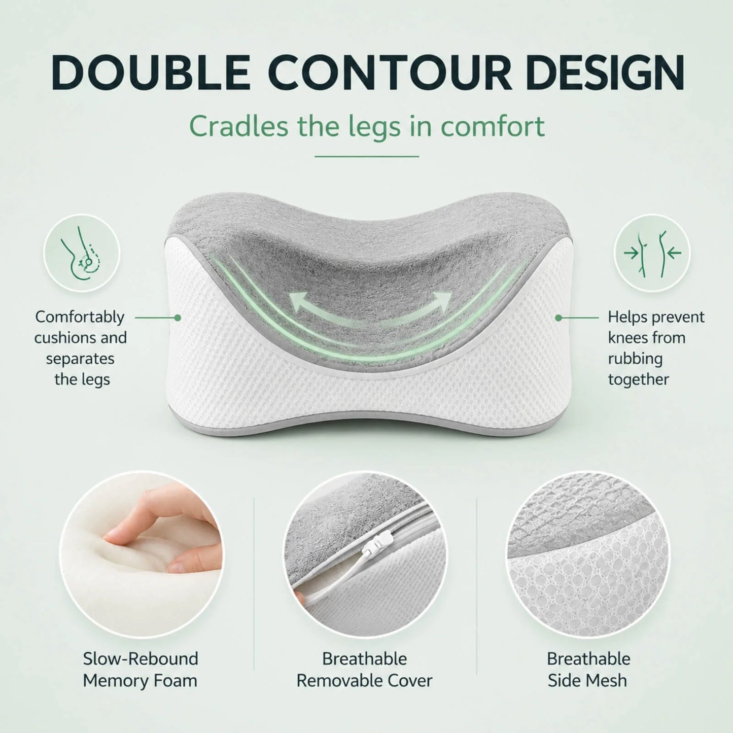 Knee Pillow Contoured Memory Foam Cooling & Washable Cover