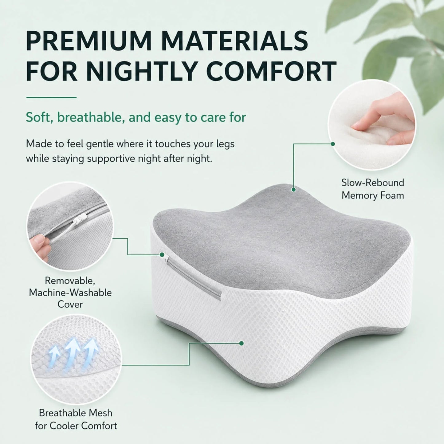 Knee Pillow Contoured Memory Foam Cooling & Washable Cover