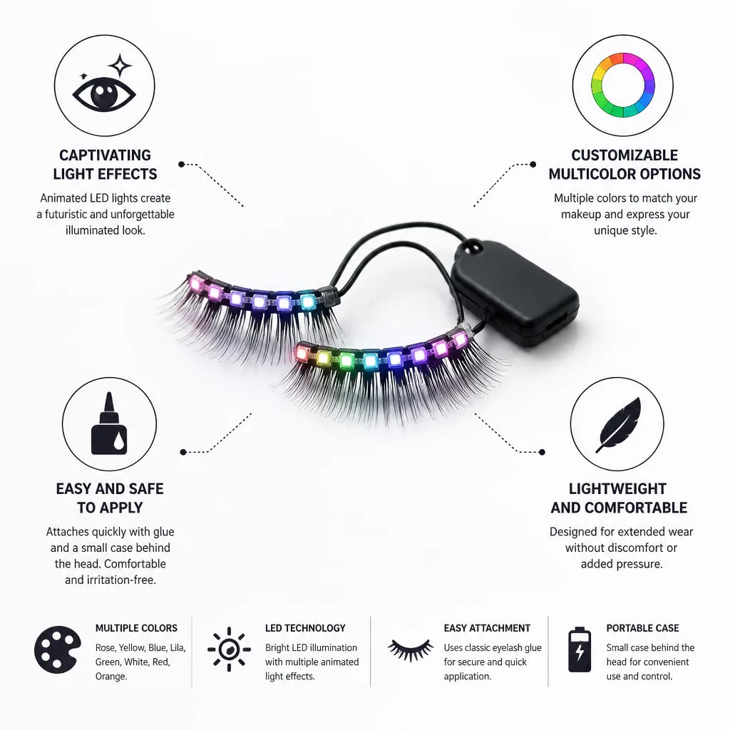LED Eyelashes Multicolor & Animated Lights Easy Attach