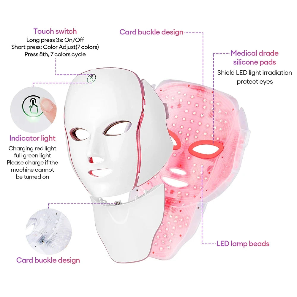 LED Face & Neck Mask 7-Color Built-In Eye Shield