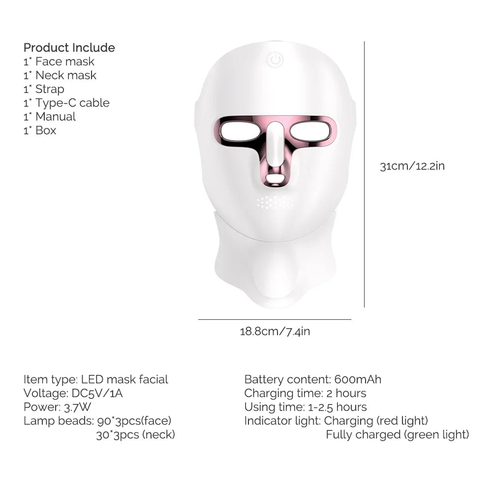 LED Facial & Neck Mask 7-Color Wireless Rechargeable