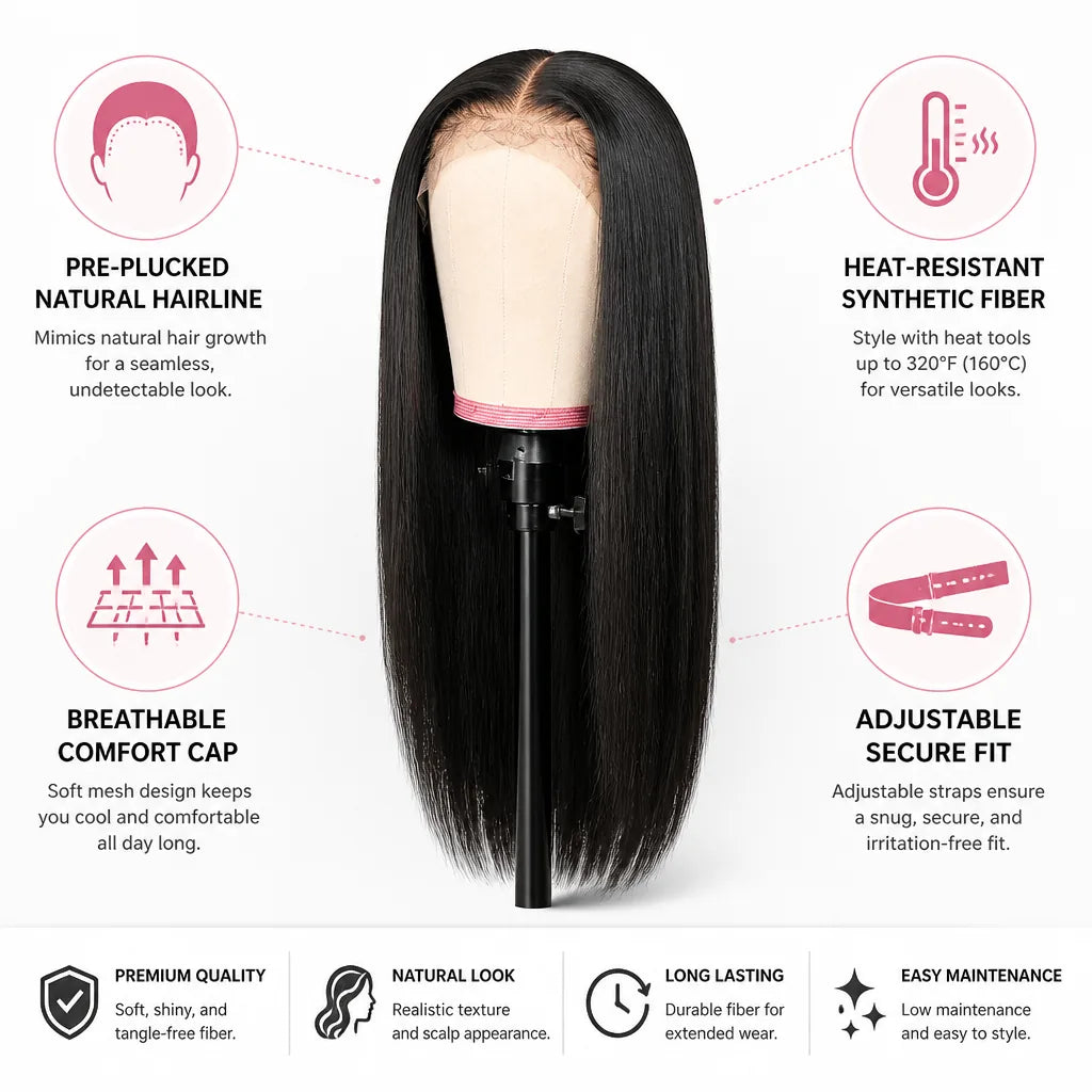 Lace Front Wig Pre-Plucked Hairline Heat-Resistant Synthetic