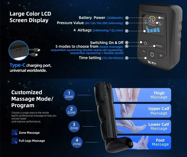 Leg Massager Boots Cordless 4-Zone Air Compression