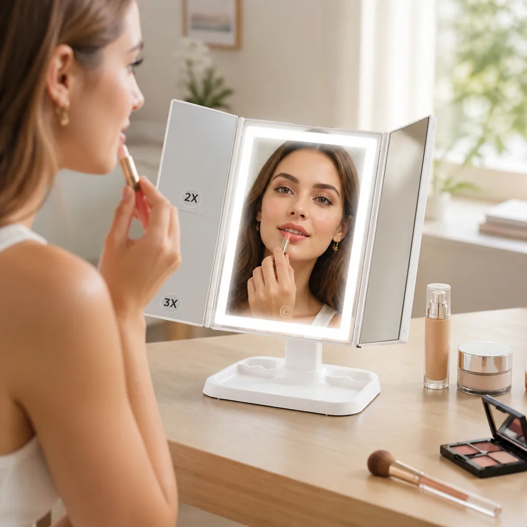 Lighted Makeup Mirror Three-Color LED Foldable USB-C Rechargeable